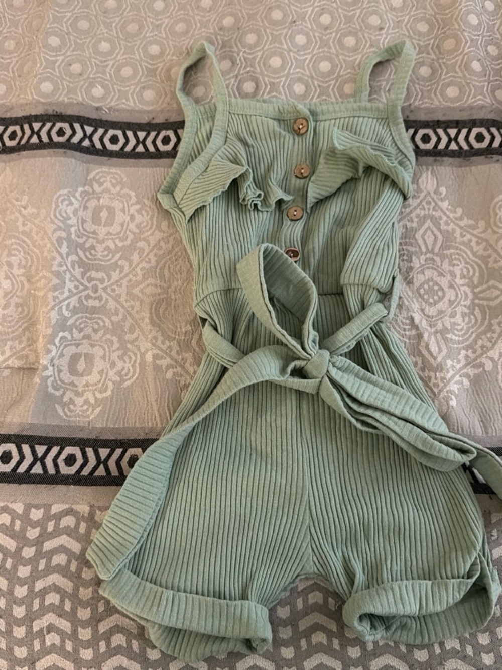 Kids Ribbed Sage Green Romper with Tie Belt